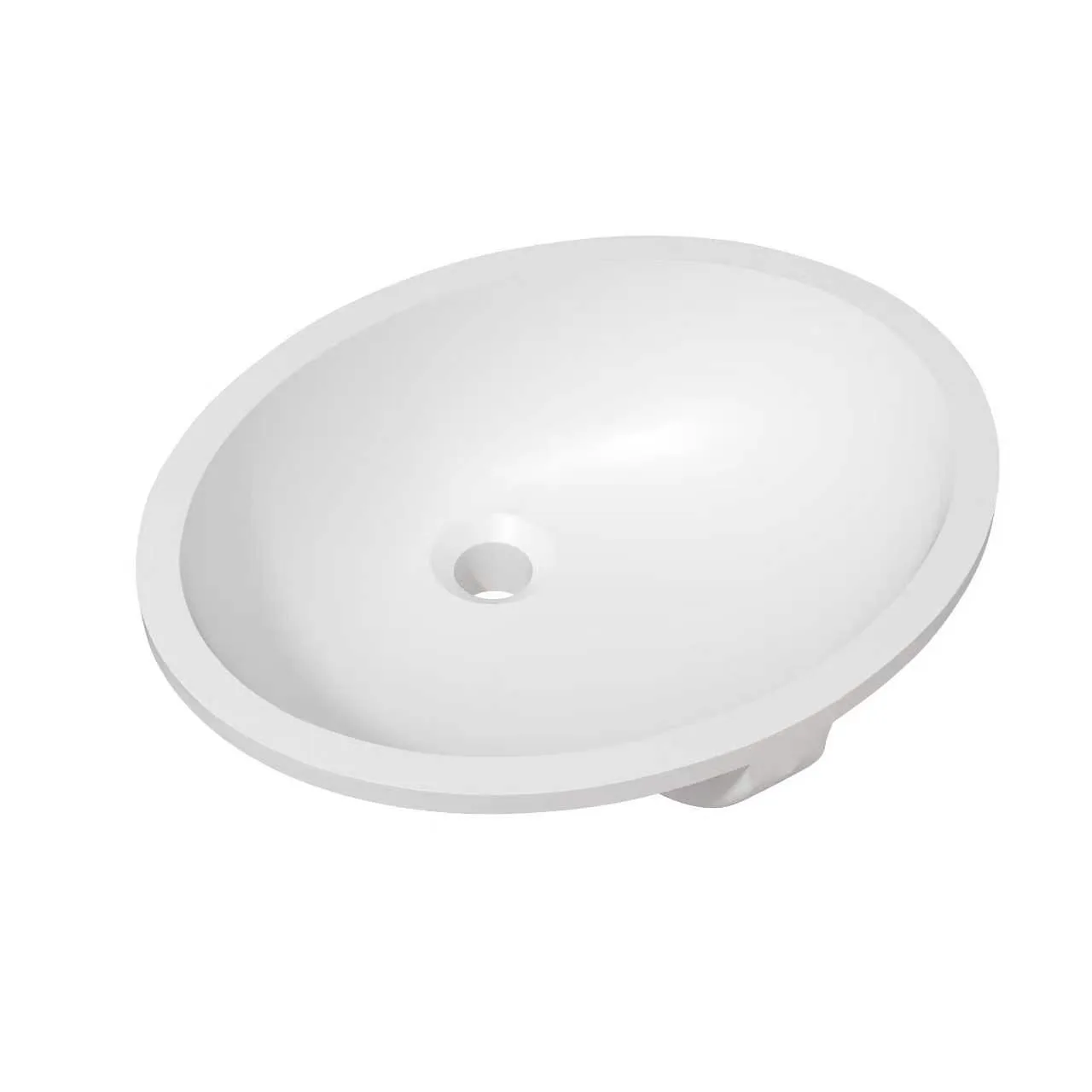 Matte White Solid Surface Elliptical Undermount Basin direct overhead view showing symmetrical oval bowl geometry and integrated overflow hole.