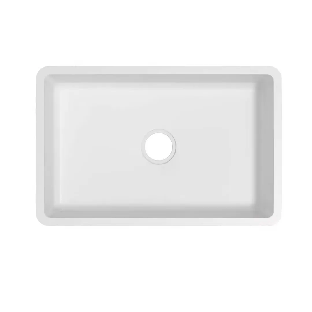 Matte White Solid Surface Rectangular Undermount Basin direct overhead view showing symmetrical rectangular bowl layout and centered drain outlet.