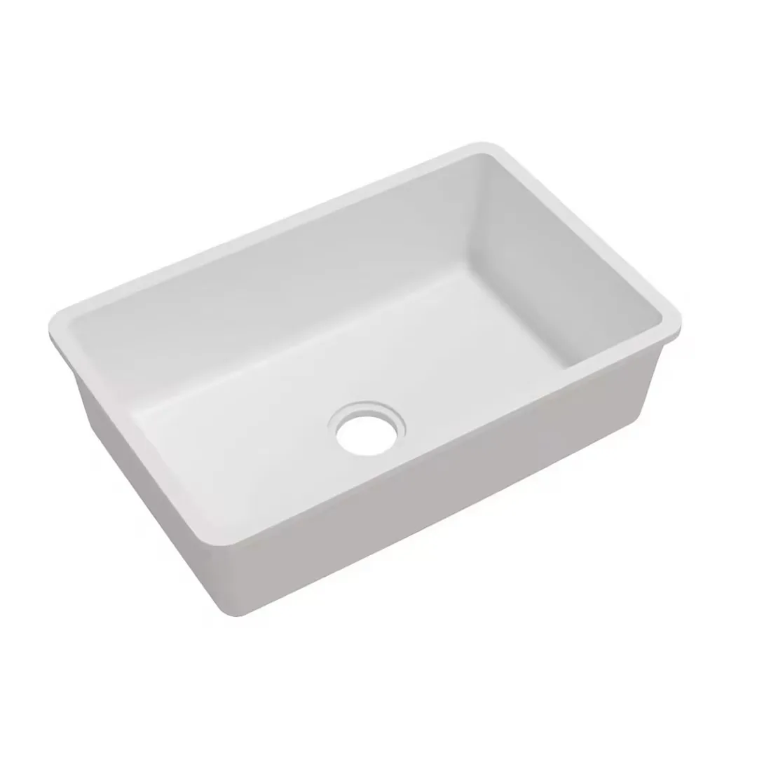 Matte White Solid Surface Rectangular Undermount Basin three-quarter perspective rendering highlighting deep rectangular basin walls and seamless composite construction.