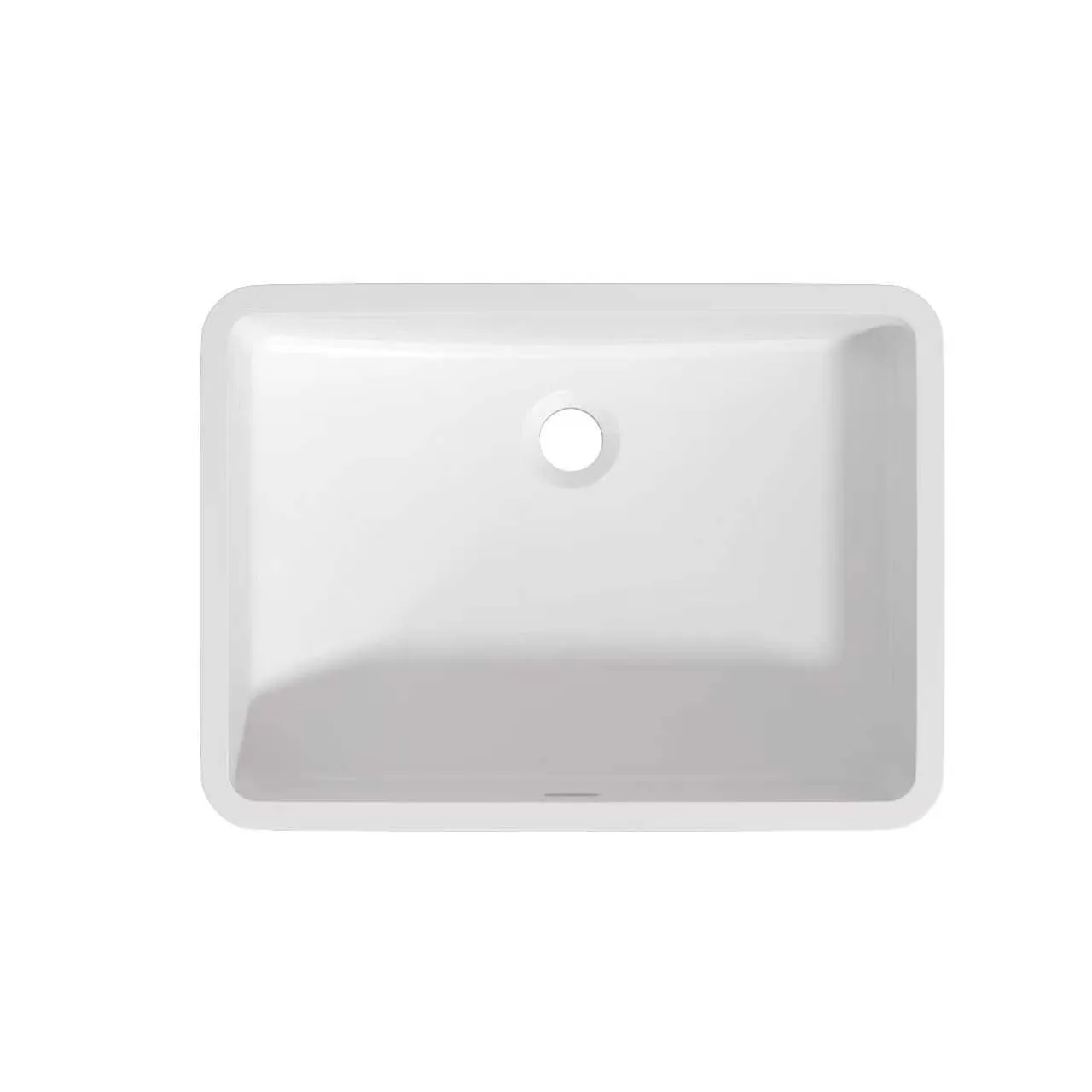 Matte White Solid Surface Rectangular Undermount Basin with Overflow top-down view showing symmetrical rectangular bowl layout, rear drain, and linear overflow slot.