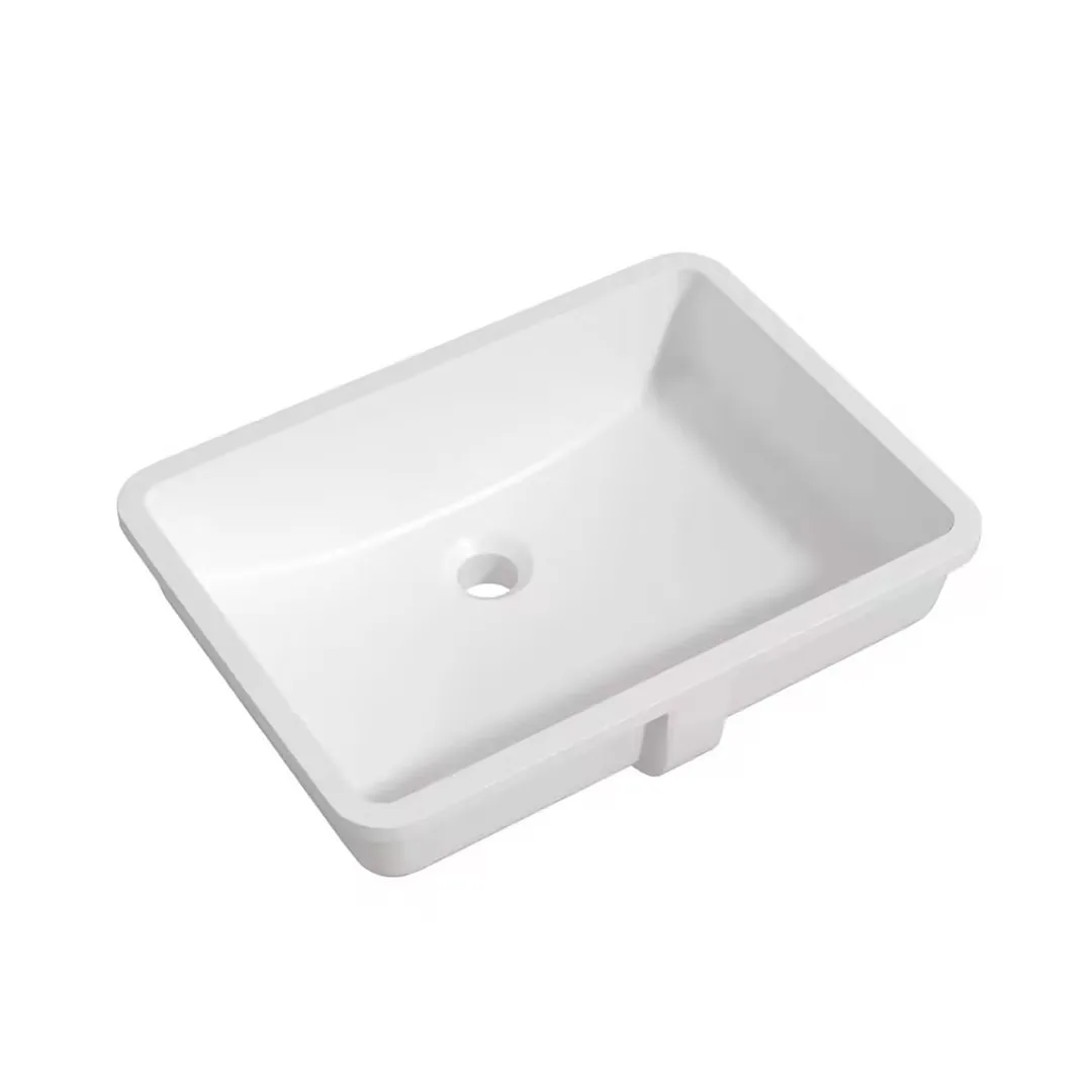 Matte White Solid Surface Rectangular Undermount Basin with Overflow perspective rendering displaying perimeter mounting flange and molded exterior overflow channel.